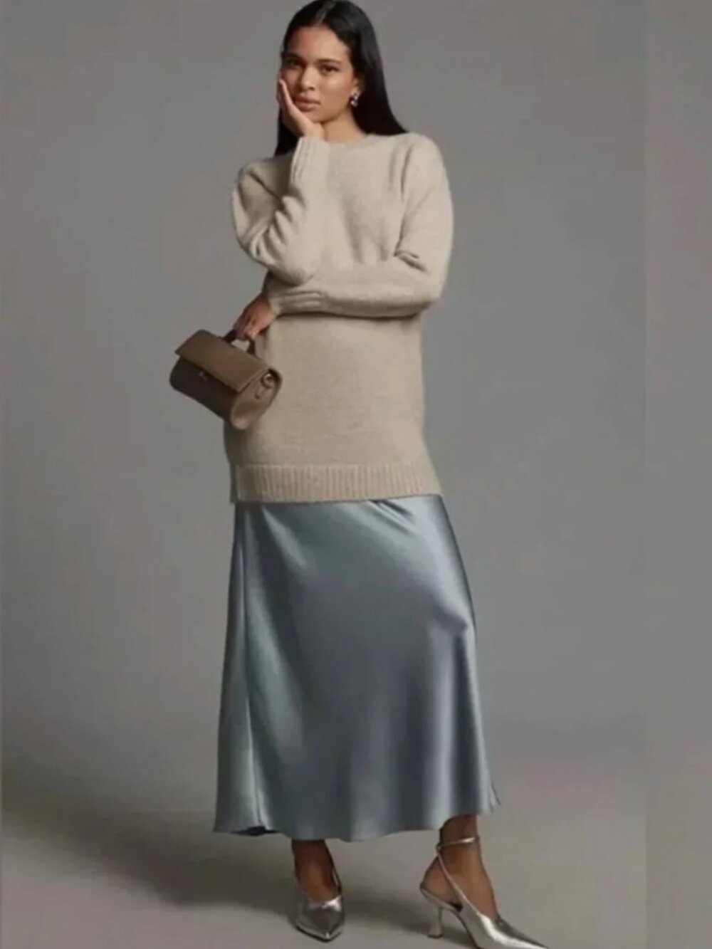 Anthropologie Grey Multi Twofer Crewneck Sweater Slip Midi Dress Long Sleeve S